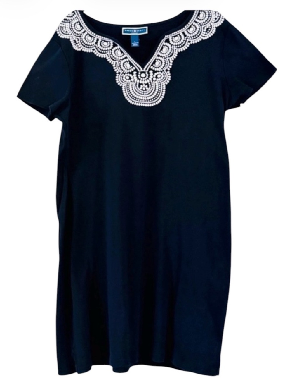 Karen Scott Black Embroidered Neckline Shift Dress Short Sleeve Size L